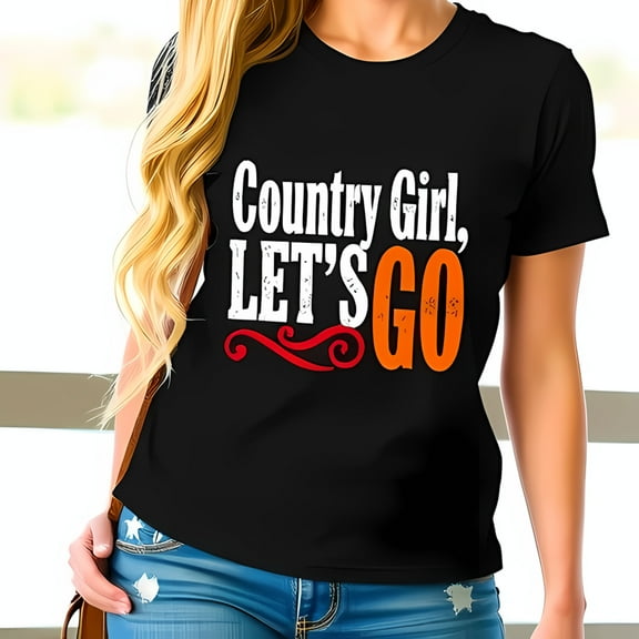 Country Girl LET'S GO Vintage Graphic Cotton Short Sleeve T-Shirt with Design and Red Flourish