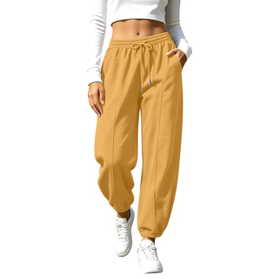 Resicozy Women's Tapered Joggers with Pockets High Waist Elastic Drawstring Sweatpants Ribbed Ankle Cuffs Casual Pants Yellow S