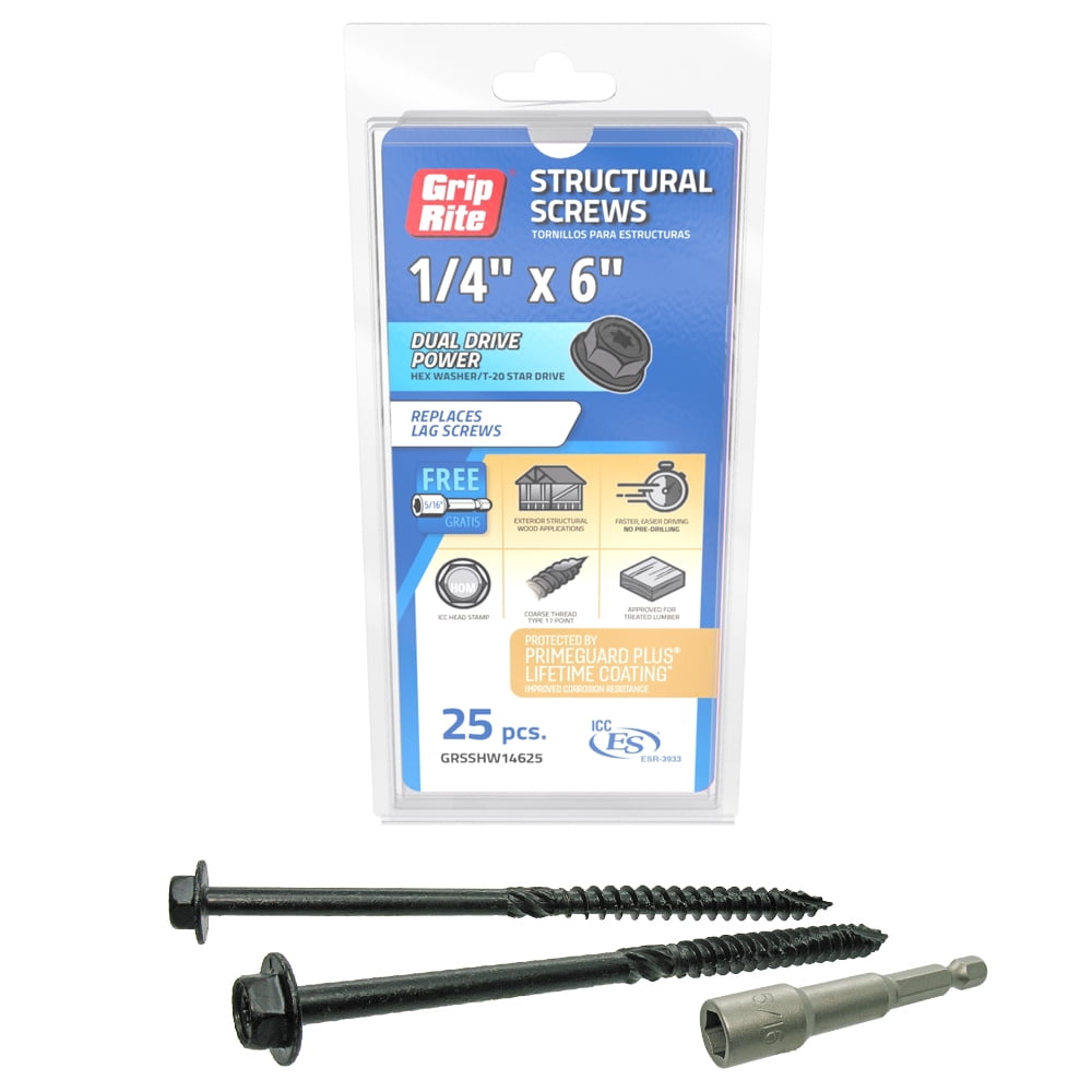 Grip-Rite GRSSHW14625 Grip-Rite PrimeGuard Plus 1/4 In. x 6 In. Hex Washer Head Structural Screw(25-Count) Black