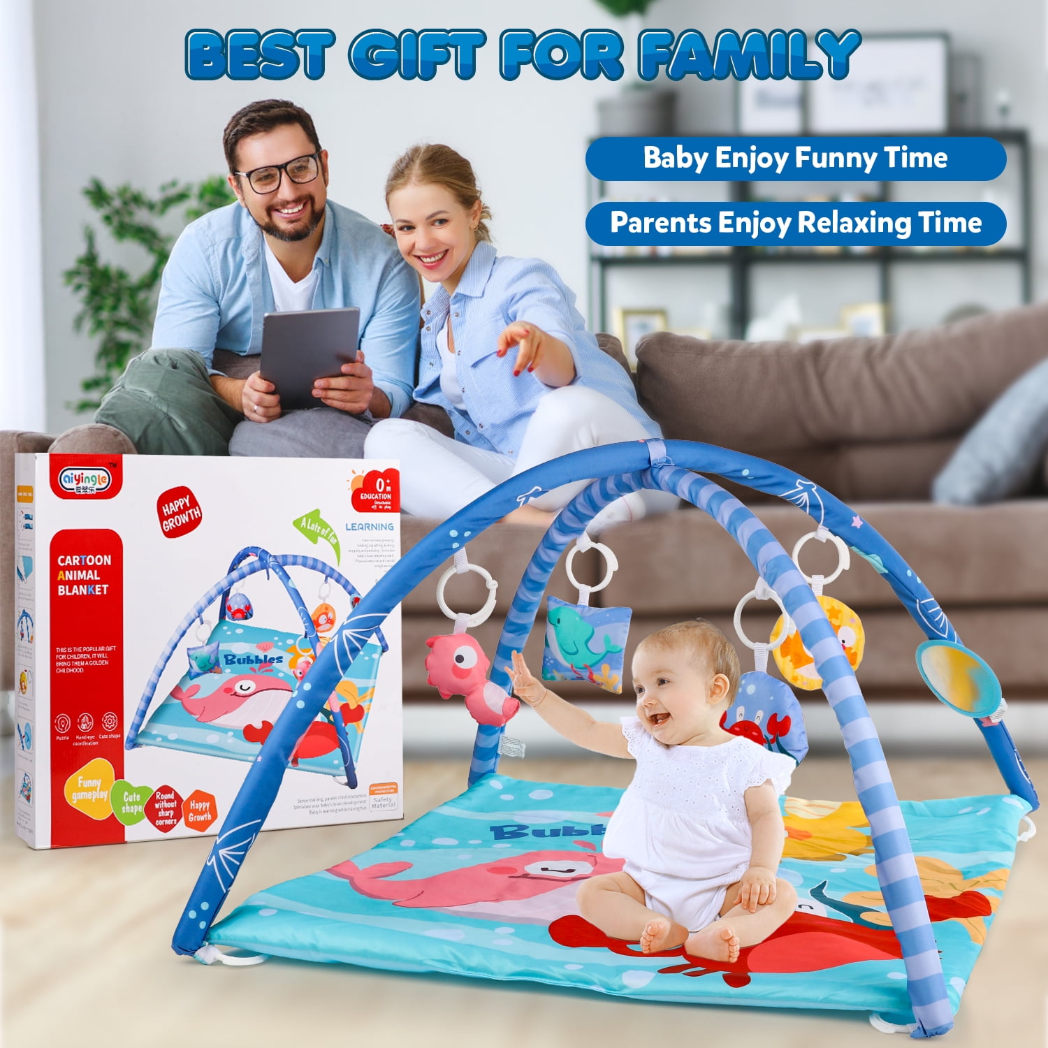 UUSUOO Baby Gym Play Mat,Tummy Time Mat With 5 Sensory Toys,Busy Baby Mat for Visual, Hearing, Sensory,Baby Toys 0-6 Months,Christmas Gifts for Toddler Infant 0-3-6-9-12 Month