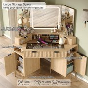 48'' Modern Vanity Desk with HD Triple Mirror & Lights, Large Corner Vanity Table with Glass Top, Charging Station, Large 6 Drawers Makeup Table, for Bedroom or Dorm, Oak