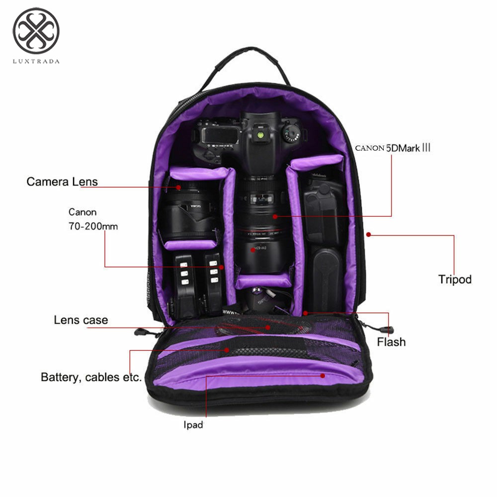 Luxtrada Waterproof Deluxe Camera/Video Padded Backpack for SLR / DSLR Cameras Photographer (Purple) - image 4 of 9