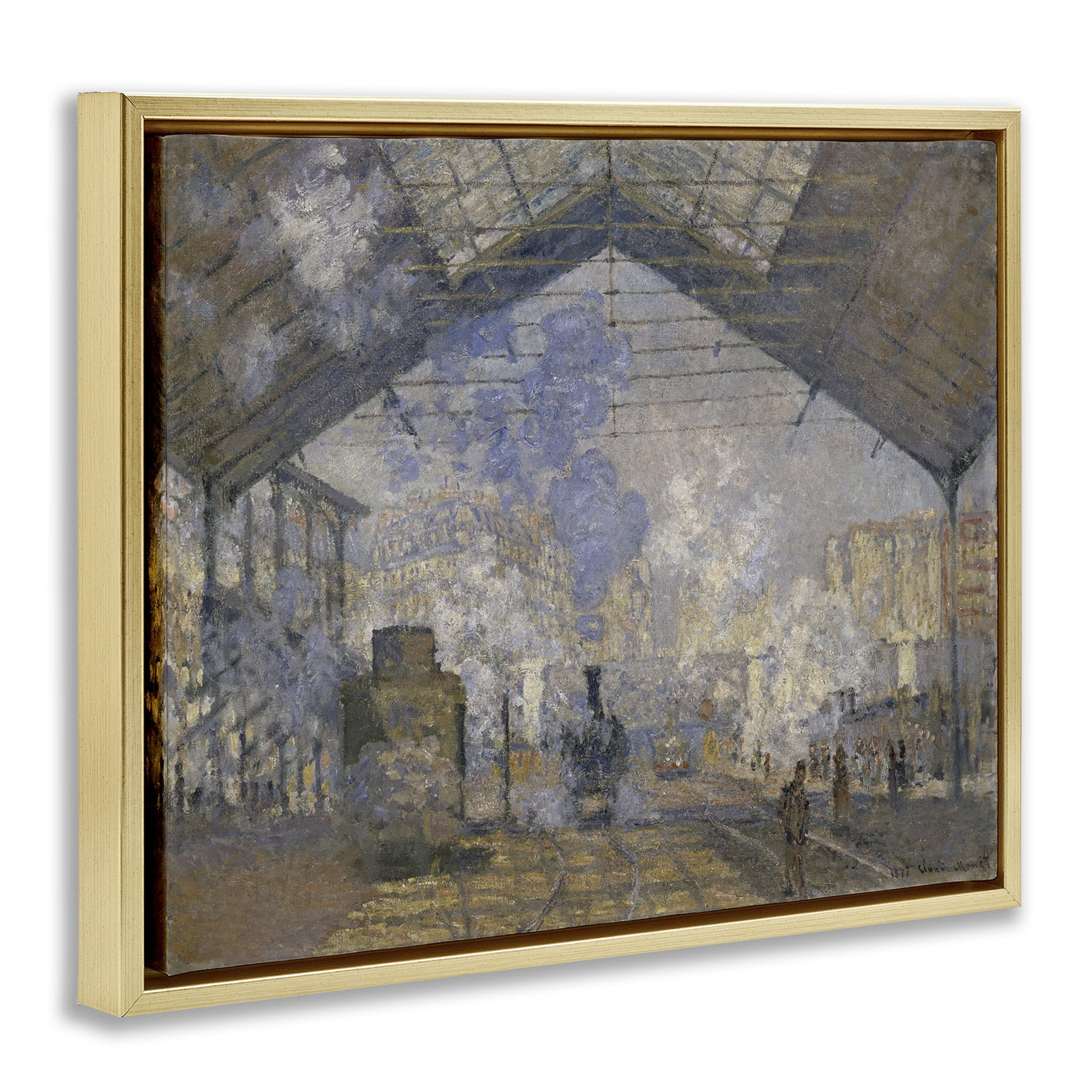 Stupell Industries Classic Monet Saint-Lazare Station Buildings & Architecture Painting Gold Floater Framed Canvas Art Print Wall Art, 31 x 25