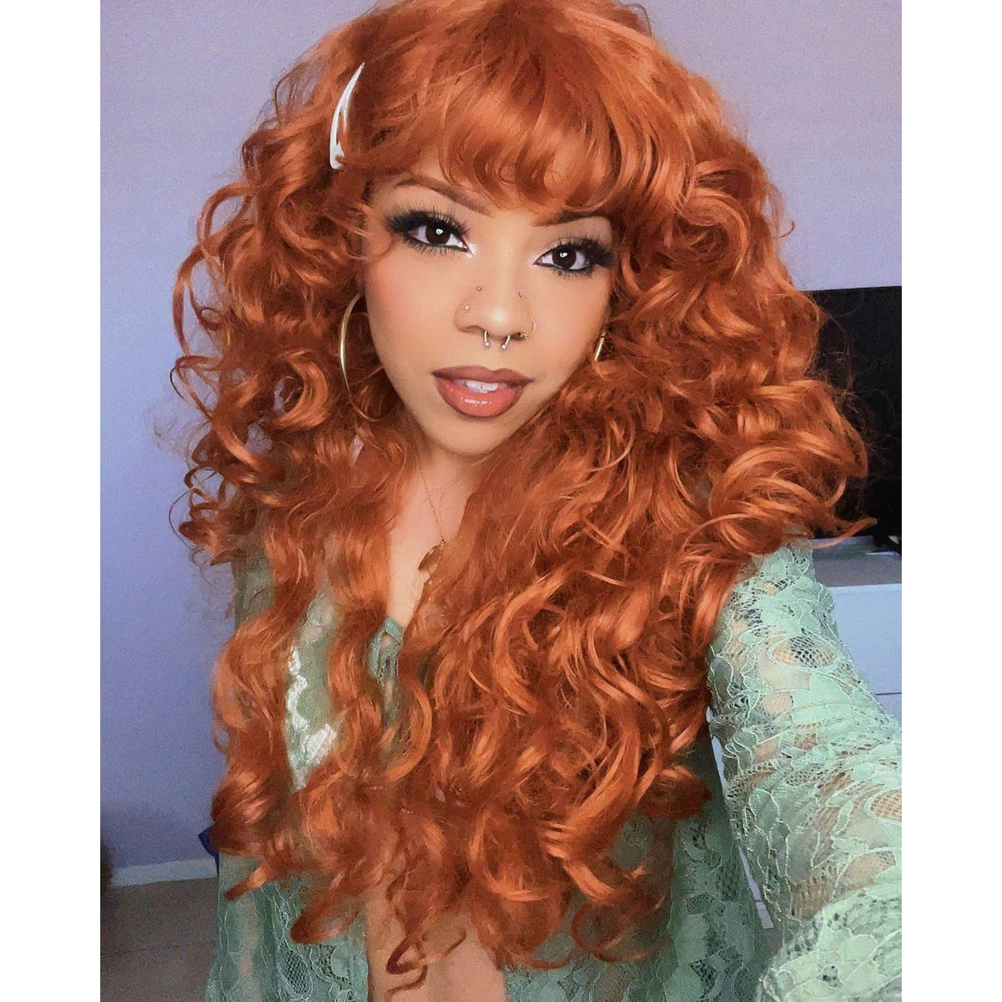 ANNIVIA X curly Afro Wigs for Black Women ginger Long curly Afro Wig with Bangs Big Loose cute Orange curly Hair Synthetic Hair for Daily Use Party
