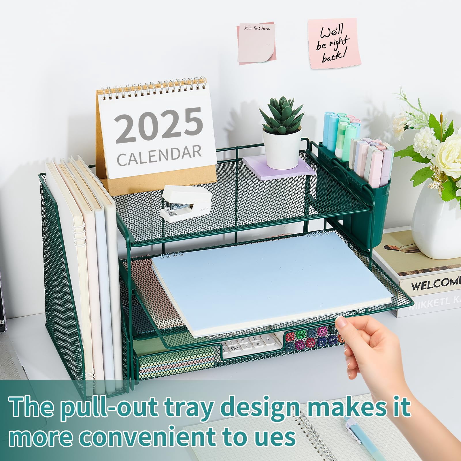 Desk Organizer  4-tier Desktop File With Drawer And 2 Pen Holders Office Accessories Sorters Workspace Organizers For Supplies(dark Green)