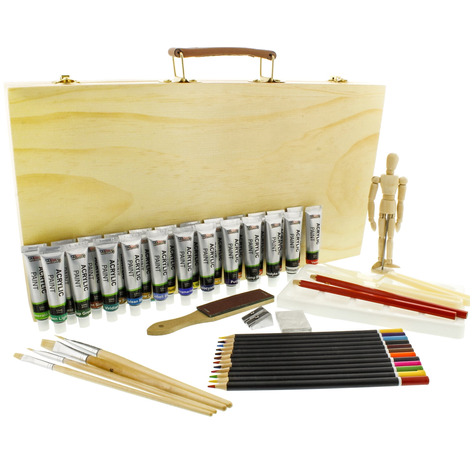 US Art Supply 50 Piece Acrylic Painting Set with Wooden Artist Storage Box
