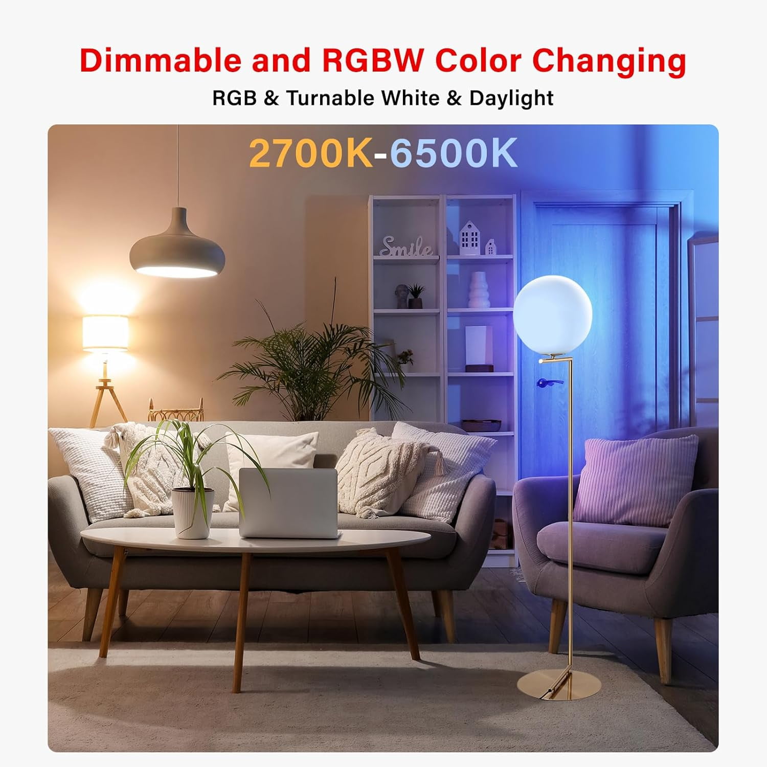 FEFEFW-Dual Mode Smart Light Bulbs with Remote & App Control, Color Changing Bulbs, RGBW LED Light Bulbs 2700K-6500K Dimmable, 60W, Local Group Control (4P No Remote, No Support Alexa & Google)
