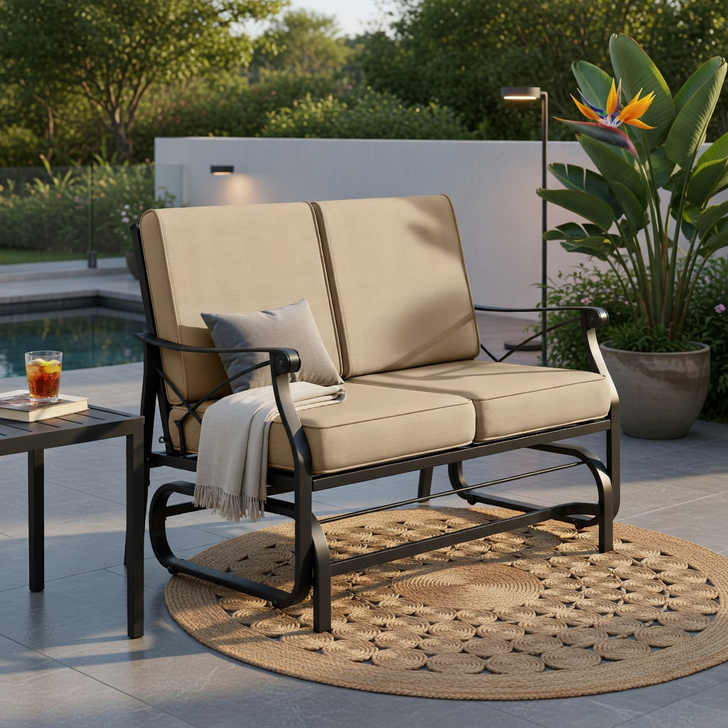 Hommoo 2-Person Outdoor Glider Rocking Loveseat with Thick 5.5" Cushions, Heavy-Duty Black Metal Frame, for Patio, Porch & Deck Seating, Gray