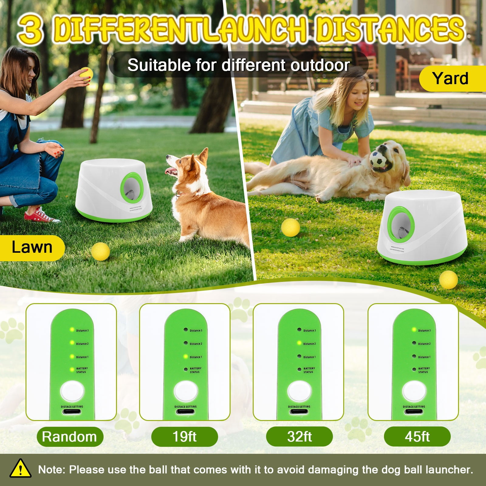 TOPCHANCES Automatic Tennis Ball Launcher for Dogs, Interactive Dog Toys for Samall & Medium Dogs, Dog Ball Thrower with 3 Launching Distance (19/32/45 ft), 5 Balls Included (Green)