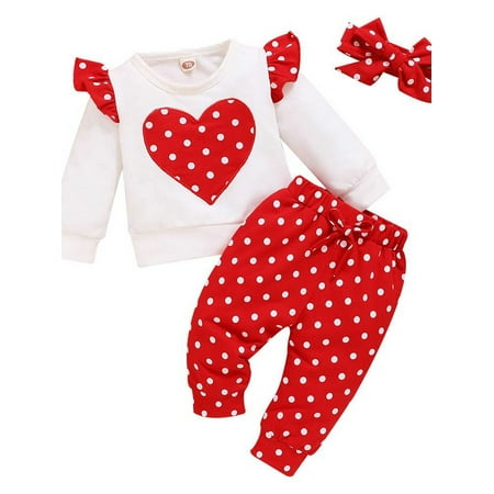 

uukiA Infant 0-18 Months Baby Girl Toddler Print Long Sleeve T-shirt Polka Dot Pants And Hairband 3PCs Outfit Suit