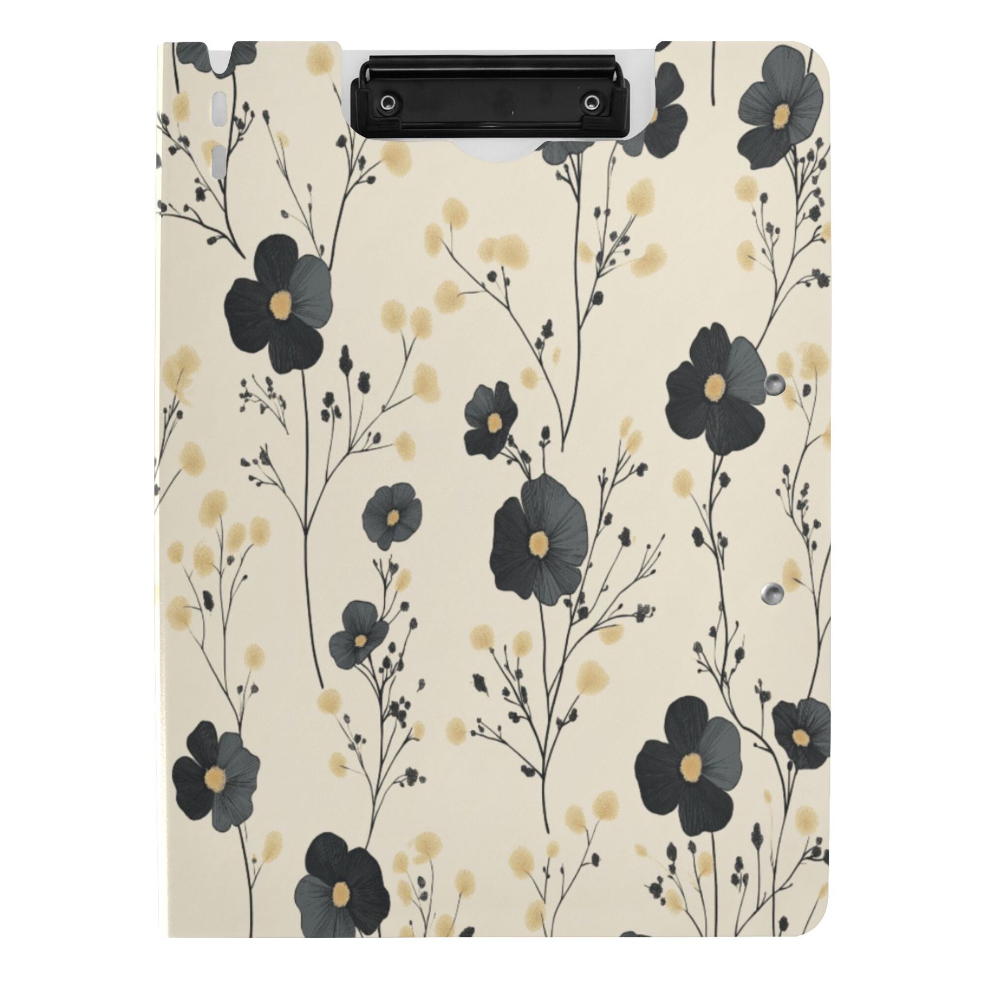 FORMRS A4 Clipboard Folder with Pen Holder Horizontal Foldable School Office Binder, Small Black Flowers