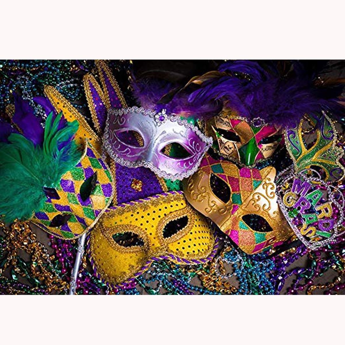 7x10 FT Mardi Gras Vinyl Photography Backdrop,Traditional Holiday Theme Colorful Fluffy Feathers Mask Crown Symbol Background for Party Home Decor Outdoorsy Theme Shoot Props 