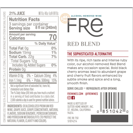 FRE California Red Wine Blend, Alcohol-Removed, 750 ml Glass Bottle, 0% ABV