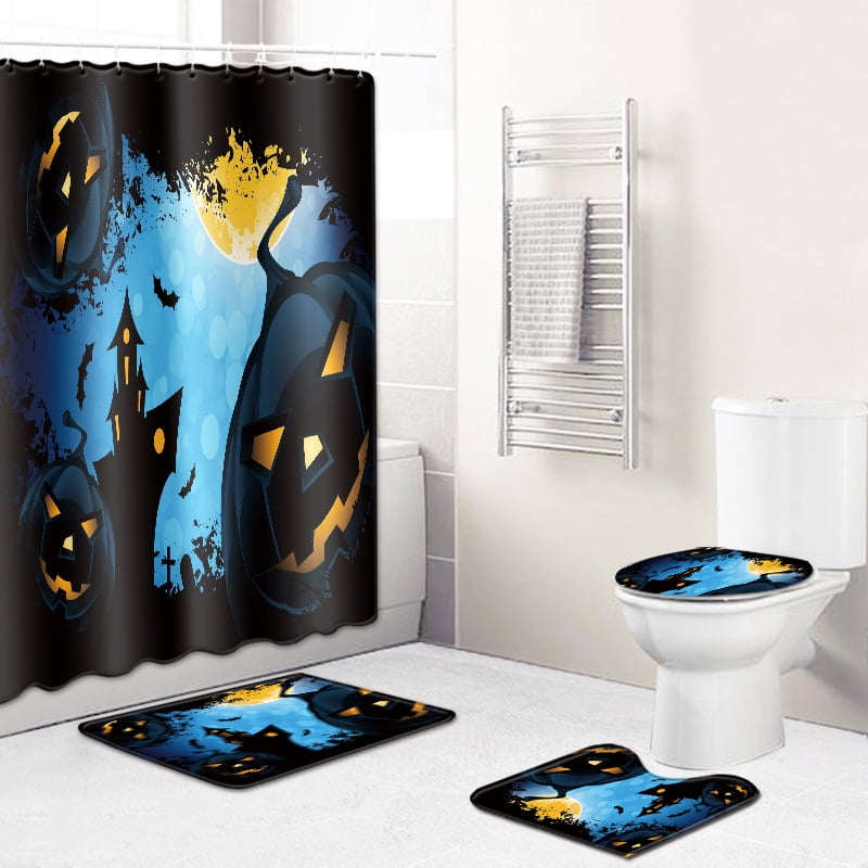 Halloween Shower Curtain Set Toilet Lid Cover Pack Of 4 Bathroom Mats