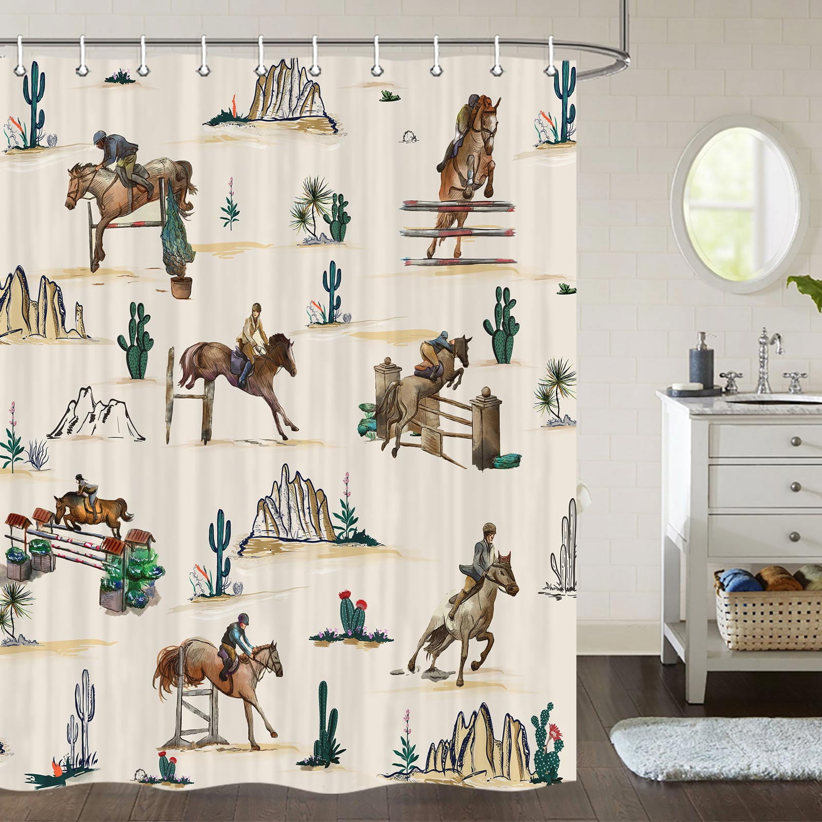 Western Cowboy Shower Curtain Cactus Farmhouse Country American Wild West Cowboy Riding Horse in Desert Hand Drawn Home Bathroom Decor Waterproof Fabric 60X70 Inch with Hooks