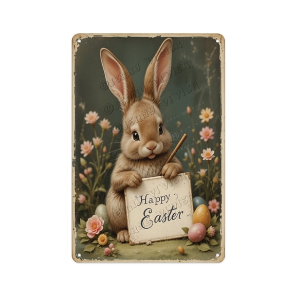 Creative Aluminum Sign with Bunny Writing Easter Greeting, 12 x 16 Inches, Brighten Your Living Room, Kid's Room, or Nursery with this Adorable Spring-Themed Sign