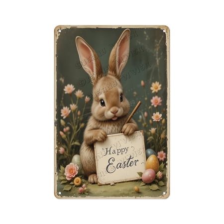 Creative Aluminum Sign with Bunny Writing Easter Greeting, 8 x 12 Inches, Brighten Your Living Room, Kid's Room, or Nursery with this Adorable Spring-Themed Sign