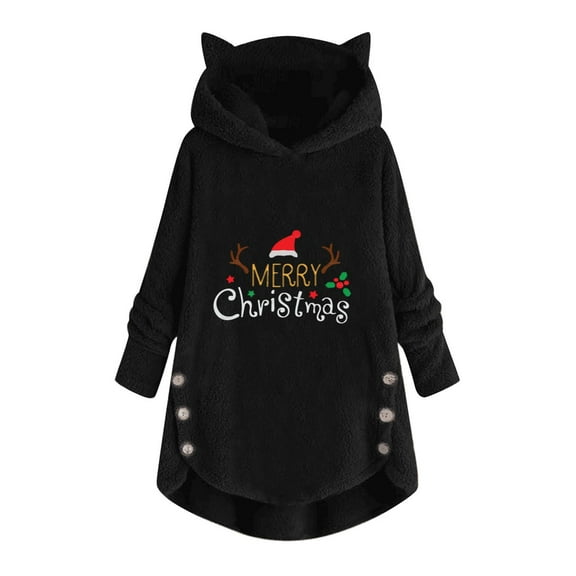 Fesfesfes Plush Coat for Women Casual Christmas Printing Plush Buttons Long Sleeve Hooded Plush Coat Top On Sale