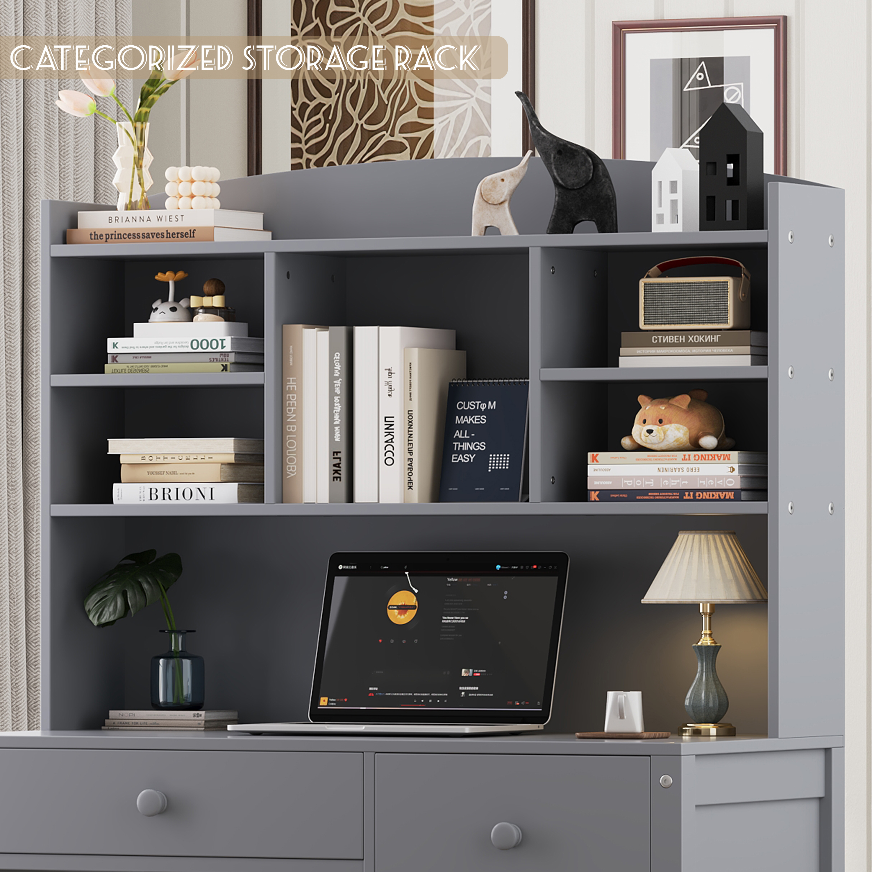 Euroco Vintage 40'' Home Executive Desk and Upholstered Chair Set with Bookshelf, Computer Desk with Four Drawers, Storage Shelf, and Chair