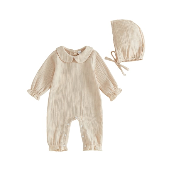 Cjfdfy Newborn Baby Girl Fall Outfit Collar Long Sleeve Solid Color Romper And Cotton Hat Infant Cute Fall Winter Outfits Baby Coming Home Outfit 0-12 Months