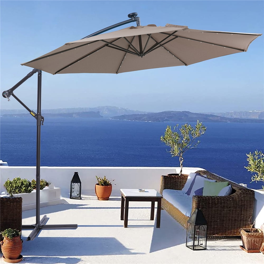 Outdoor Umbrellas with Tilt, 10FT Solar LED Offset Patio Umbrella with