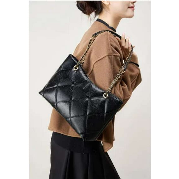 Genuine Leather Quilted Large Bag for Women - Trendy Chain Shoulder Crossbody Purse