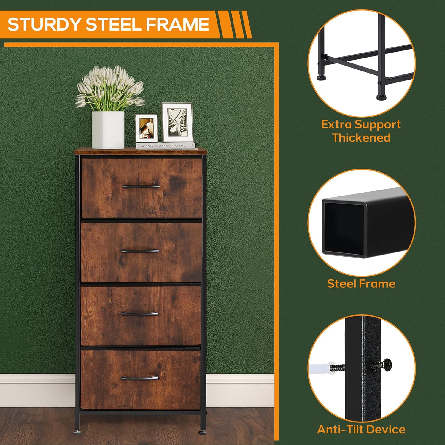4 Drawer Dresser, Tall Chest Of Drawers Nightstand Storage Tower Storage Dresser Fabric Dresser With Wood Top for Living Room, Bedroom, Hallway,Rust