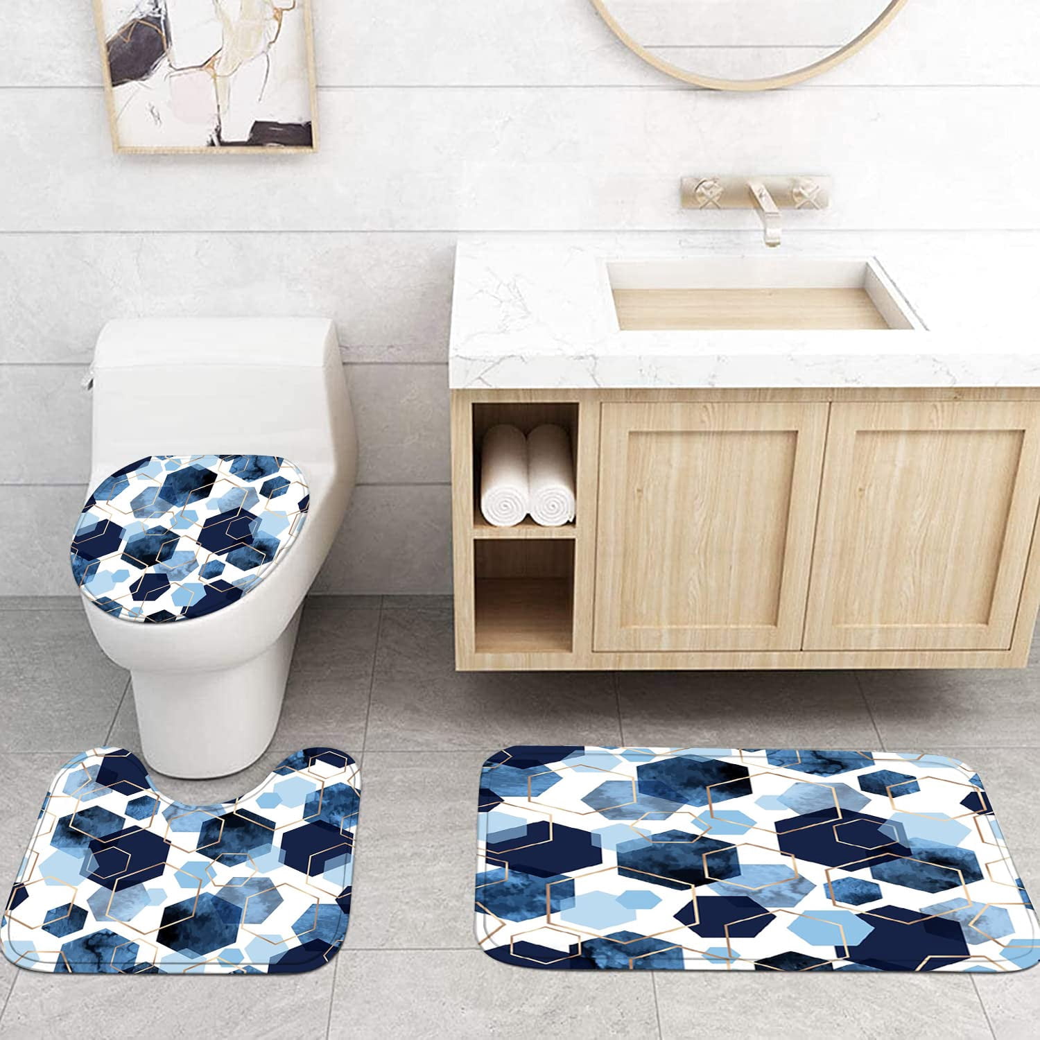 4Pcs Sky Blue Geometric Shower Curtain Set with Navy Blue Abstract Art, 12 Hooks, Bath Mat and Rugs