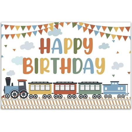 Image of Vintage Train Birthday Party Decorations Happy Birthday Train Backdrop 5 x 3ft Colorful Train Birthday Photography Background Train Themed Party Supplies