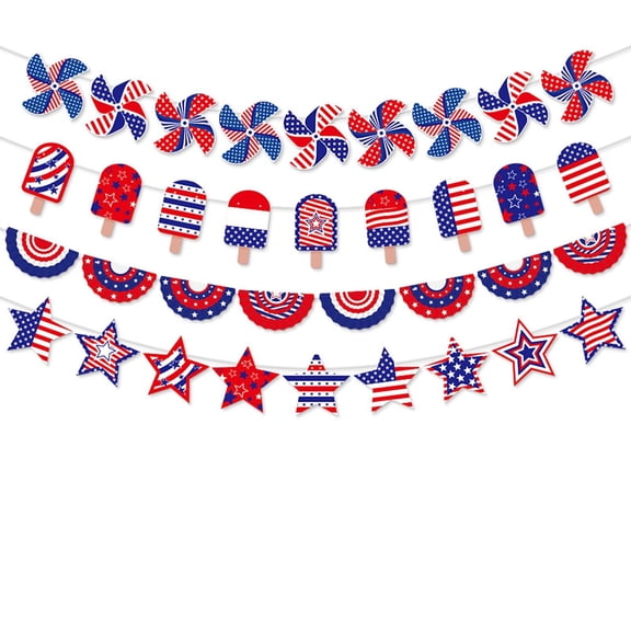 Star Banner, Wall Hanging, Party Banner, Decor, Wall Decor, Holiday Party, Patriotic Venue, 5 in Cutouts, Red Blue White, 9 Star, 1 Ribbon (166 Chars)
