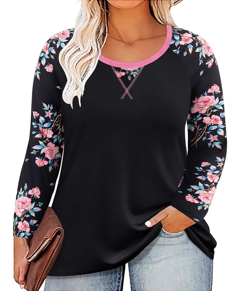 TIYOMI Plus Size Tunics For Women 2X Floral Crewneck Autumn Fall Winter ...