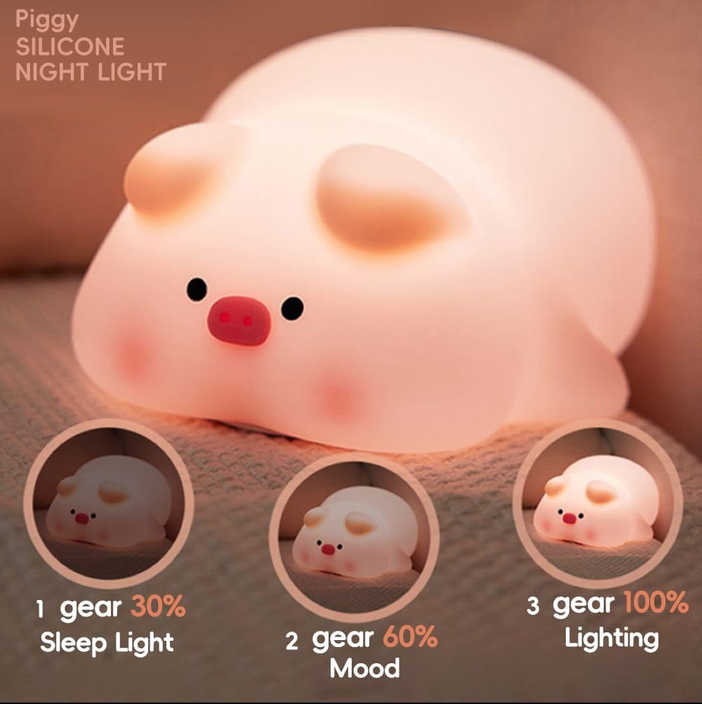 Cute Pig Night Light Silicone, Squishy Piggy Night Lamp,Kids Room Decor Atmosphere Nightlight, Baby Nursing Bedside Touch Lamp, Rechargeable and Dimmable LED Night Light，Piggy Gifts.
