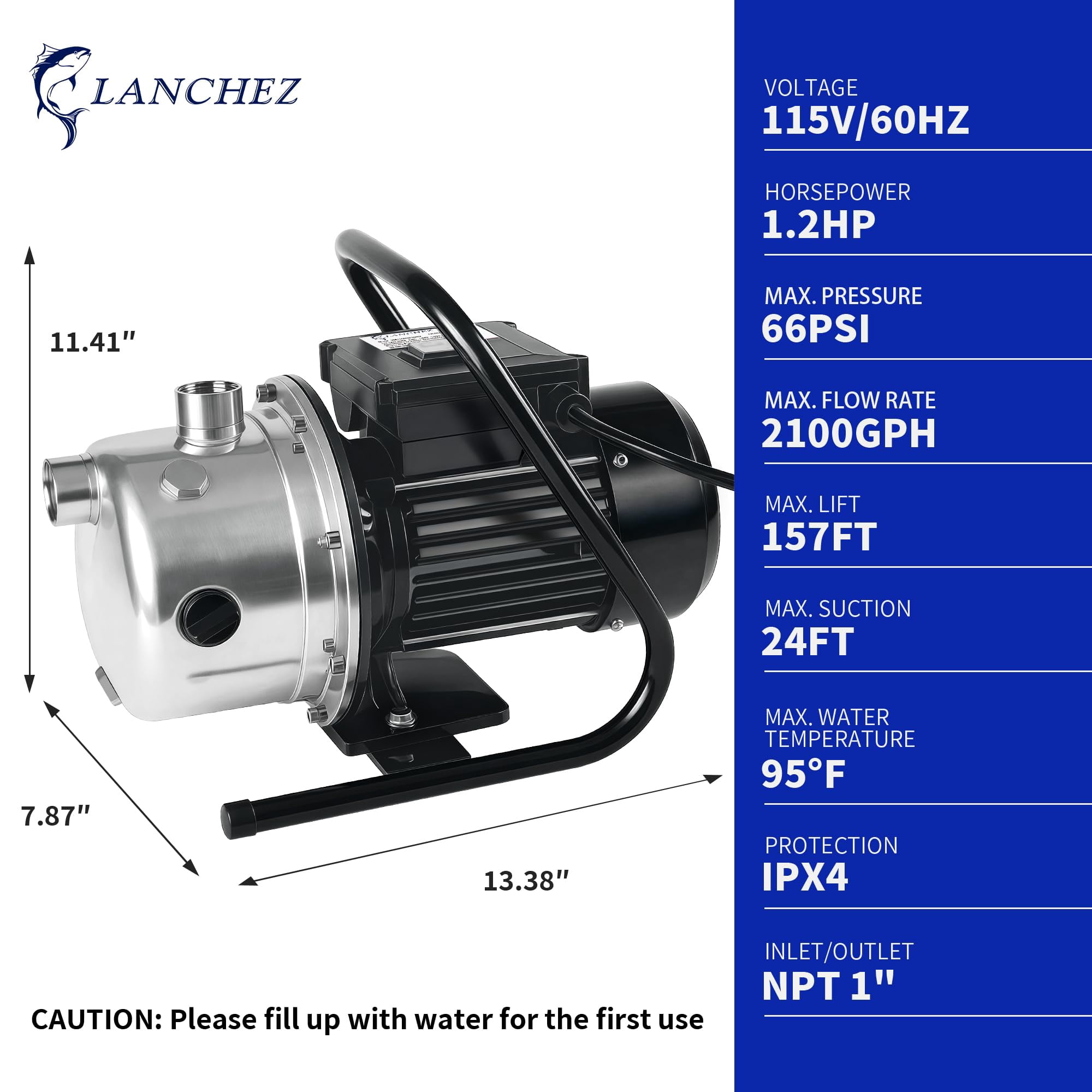 LANCHEZ 1.2 HP Stainless Steel Shallow Well Pump 115V 2100 GPH Water Booster Jet Pump