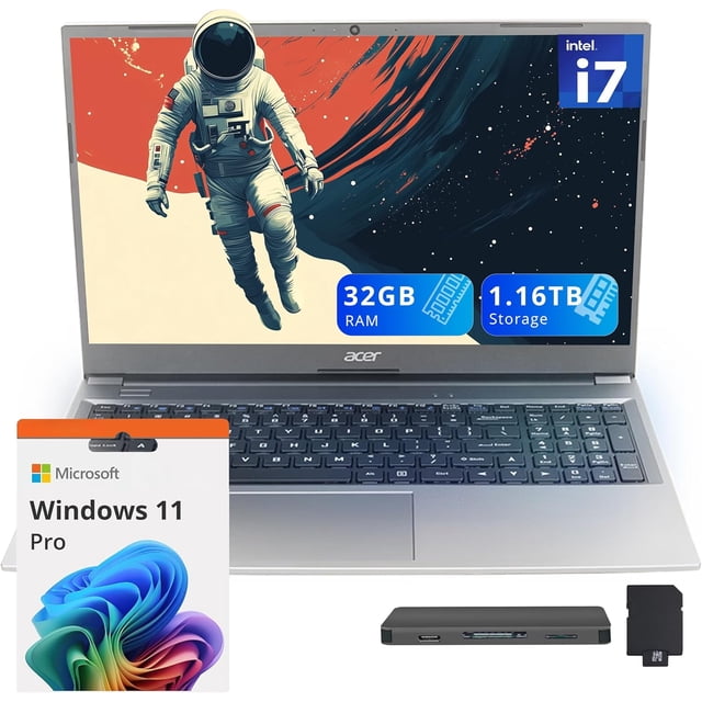 acer Aspire Lite 15.6" FHD Laptop, Intel i7-1255U, 32GB RAM, 1.16TB Storage(1TB SSD+160GB Docking Station Set), Intel Iris Xe Graphics, Backlit Keyboard, Wi-Fi 5, Win 11 Pro, Gray