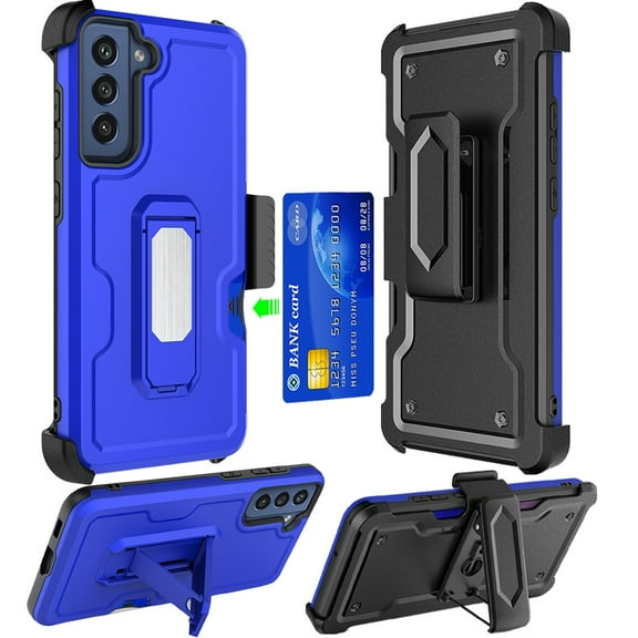 Ultra Rugged Hybrid Kickstand Case with Card Slot and Belt Clip Holster for Samsung Galaxy S23 Plus - Blue