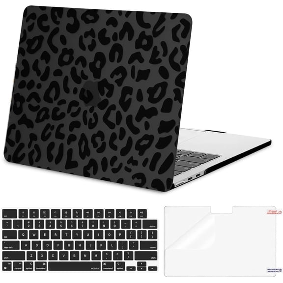 Compatible with MacBook Air 13 inch Case 2025 2024 2023 2022 M4 A3240 M3 A3113 M2 A2681, Leopard Grain Hard Case&Keyboard Skin&Screen Film Compatible with MacBook Air 13.6 inch Case, Black
