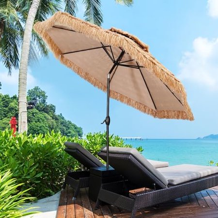 10 FT 32 LED Hula Thatched Tiki Umbrella, Hawaiian Style Beach Umbrella With Center Light, Patio Umbrella for Outdoor Tiki Bar, Tropical Palapa, Patio Garden, Beach, Backyard.