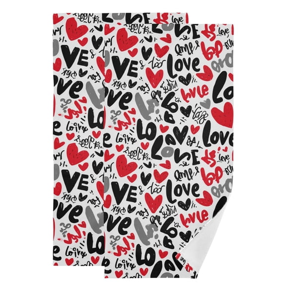 2-Piece Polyester cotton Towel Set Absorbent Red and Black Love Hand Towel Bath Towel Soft and Comfortable Machine Wash 28.3x14.4