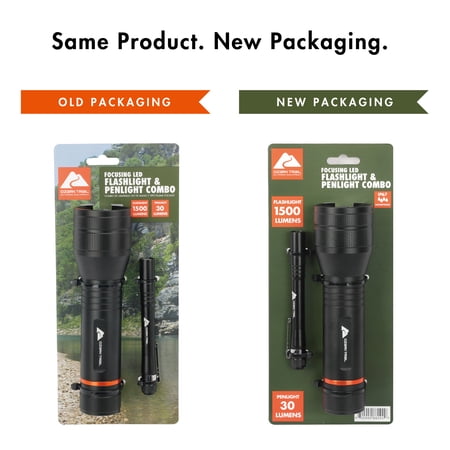 OZARK TRAIL 1500 LUMEN FOCUSING FLASHLIGHT WITH BONUS PENLIGHT, WATERPROOF, BLACK