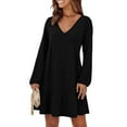 thumbnail image 3 of Puyaiuu Women's V-Neck Brushed Knit Dress, Long Sleeve Ribbed Stripe Detail, Cozy Bodycon Style for Fall Winter Gift, 3 of 7