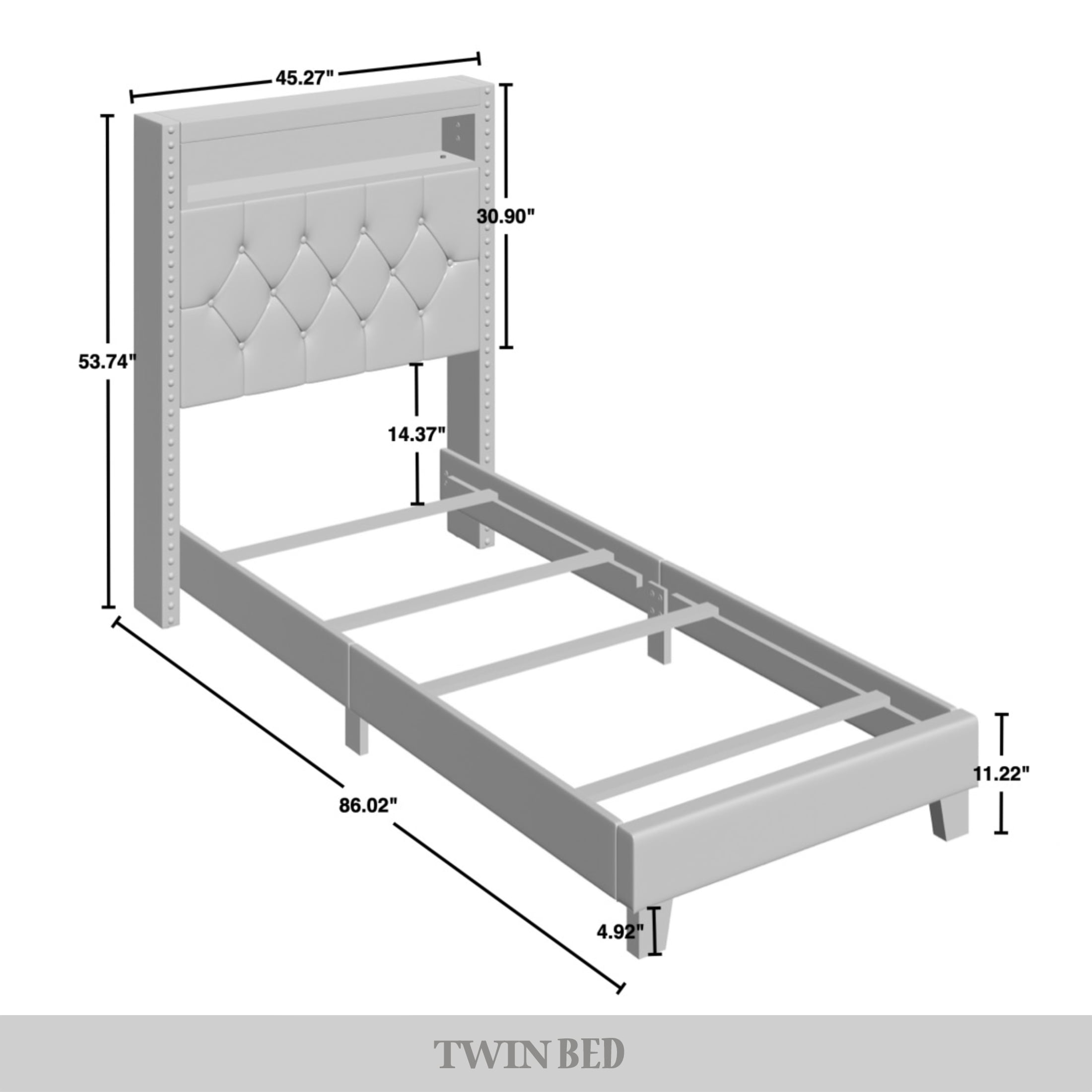 Castle Place LED Light Nailhead Trim Linen Upholstered Bookcase Bed, Warm Grey, Twin