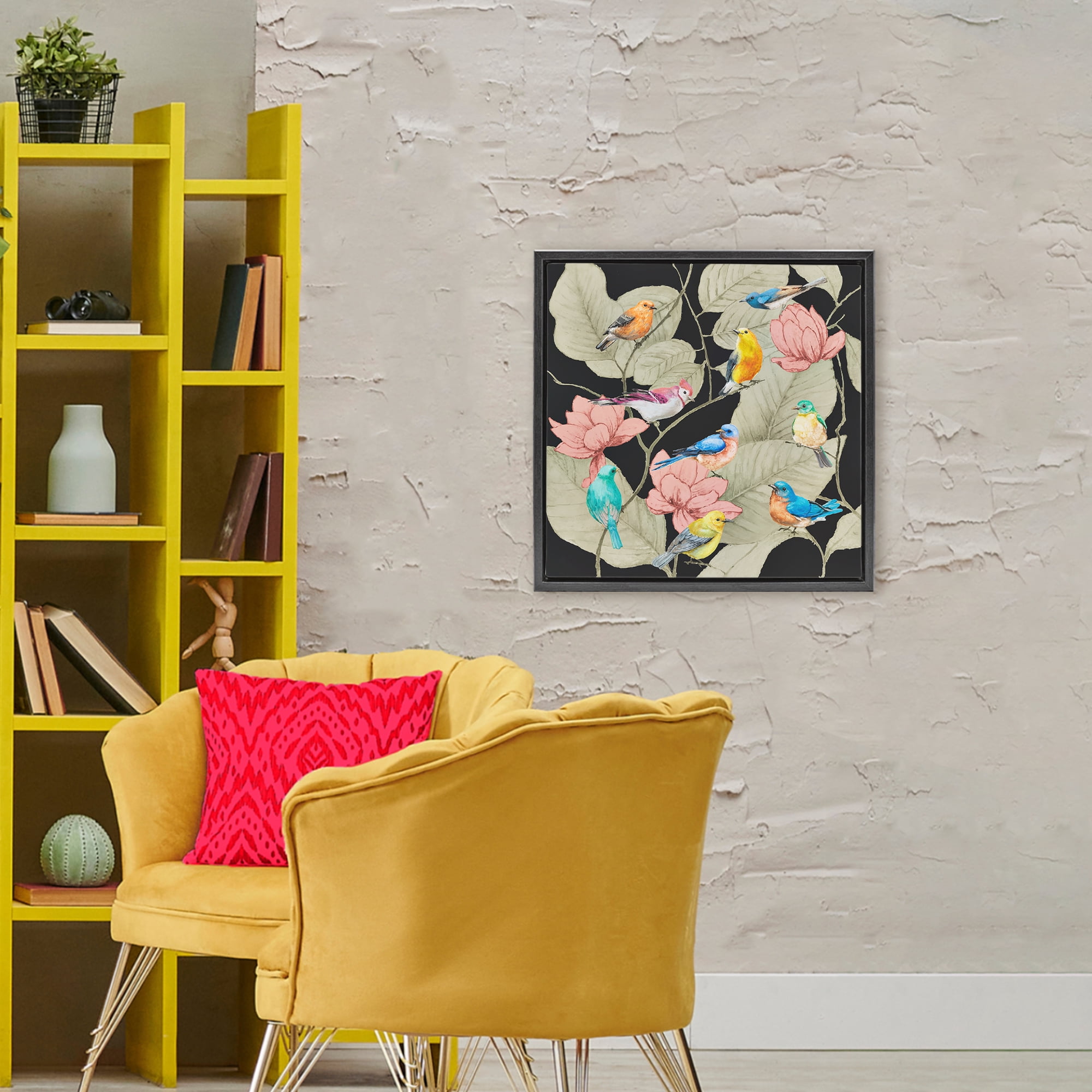Stupell Industries Colorful Birds & Leaf Motif Black Framed Floater Canvas Wall Art, design by Lorenzo Collective
