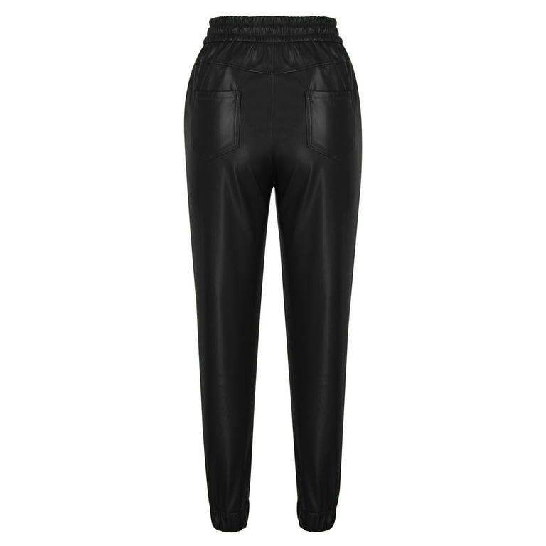 XFLWAM Faux Leather Jogger Pants High Waisted Thick Tummy Control Slimming  Stretchy Leggings Pants Cropped Tapered Pu Leather Pants Black S 