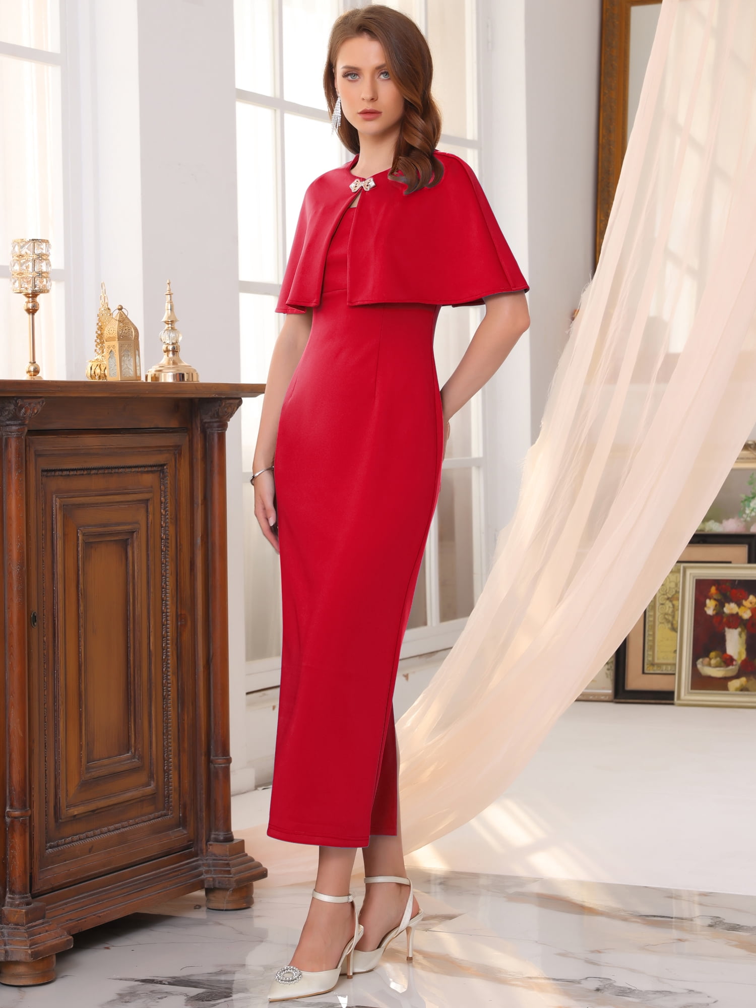 DARING DIVA Women's Cocktail Wedding Guest Dress with Cape M Red
