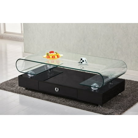 Best Quality Furniture Coffee Table with Top Round Shape Clear Glass & Storage Drawer Multiple