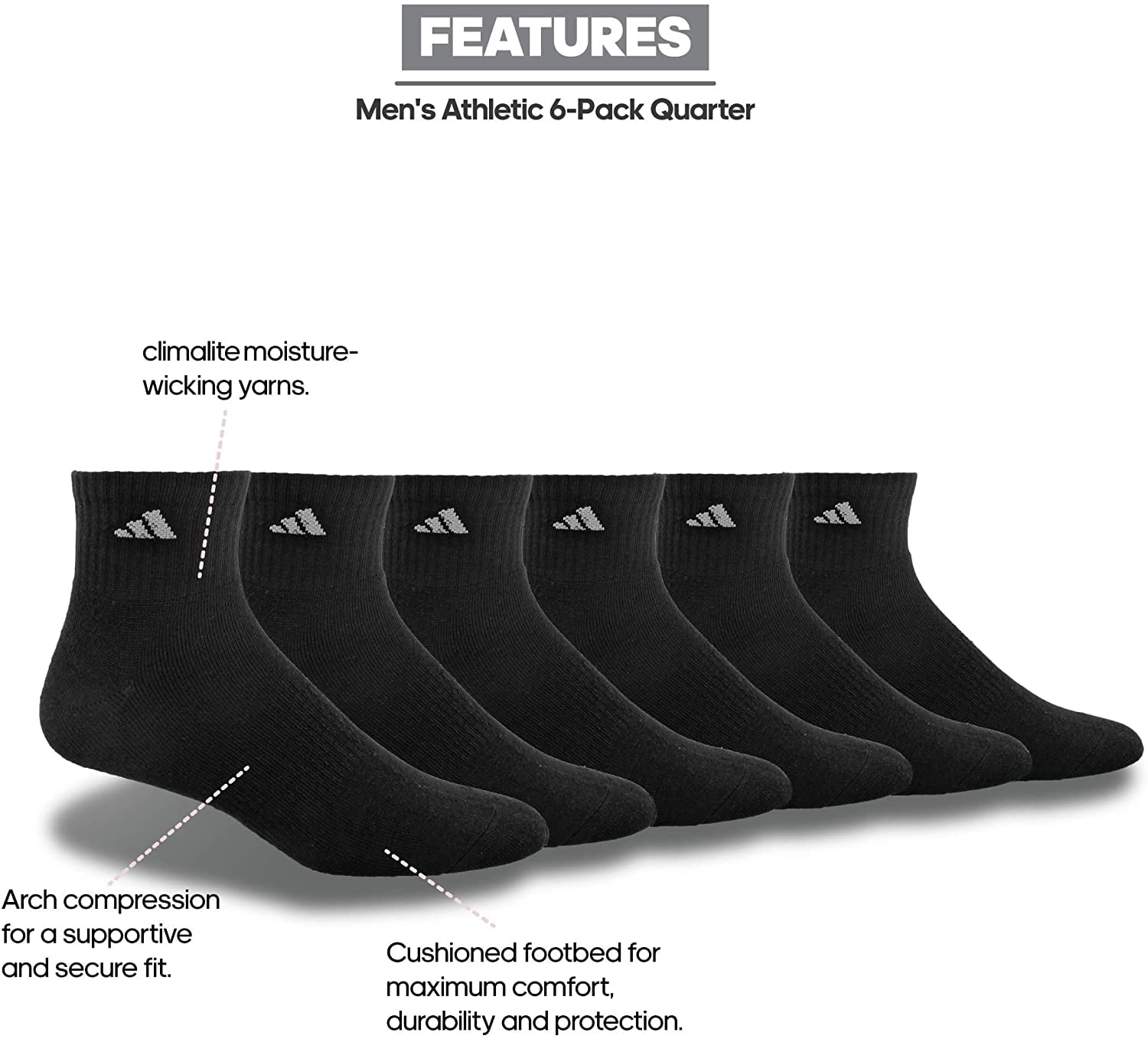 ADIDAS Mens 6 Pack Black Logo Casual Ankle Socks 12-15