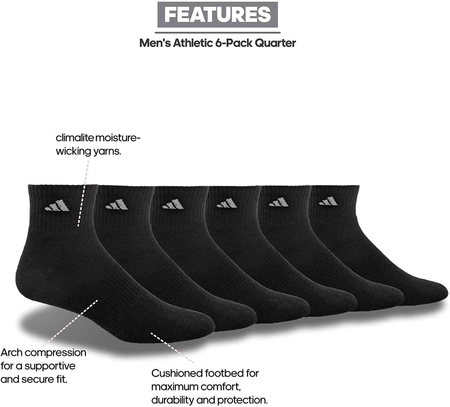 ADIDAS Mens 6 Pack Black Logo Casual Ankle Socks 12-15 - image 4 of 7