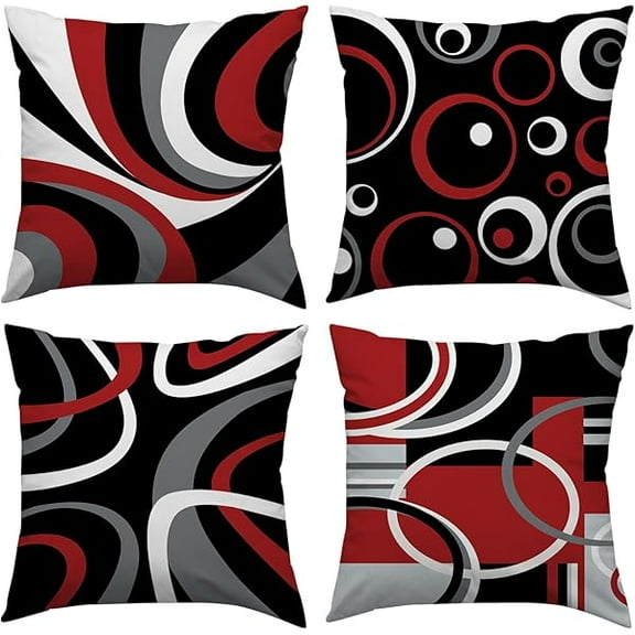 USBSO Red and Black Throw Pillow Covers 20x20 Set of 4,Grey Modern Abstract Pillowcases,Gray Geometric Circle Pattern Decor for Sofa Couch Living Room Bedroom Home Outdoor