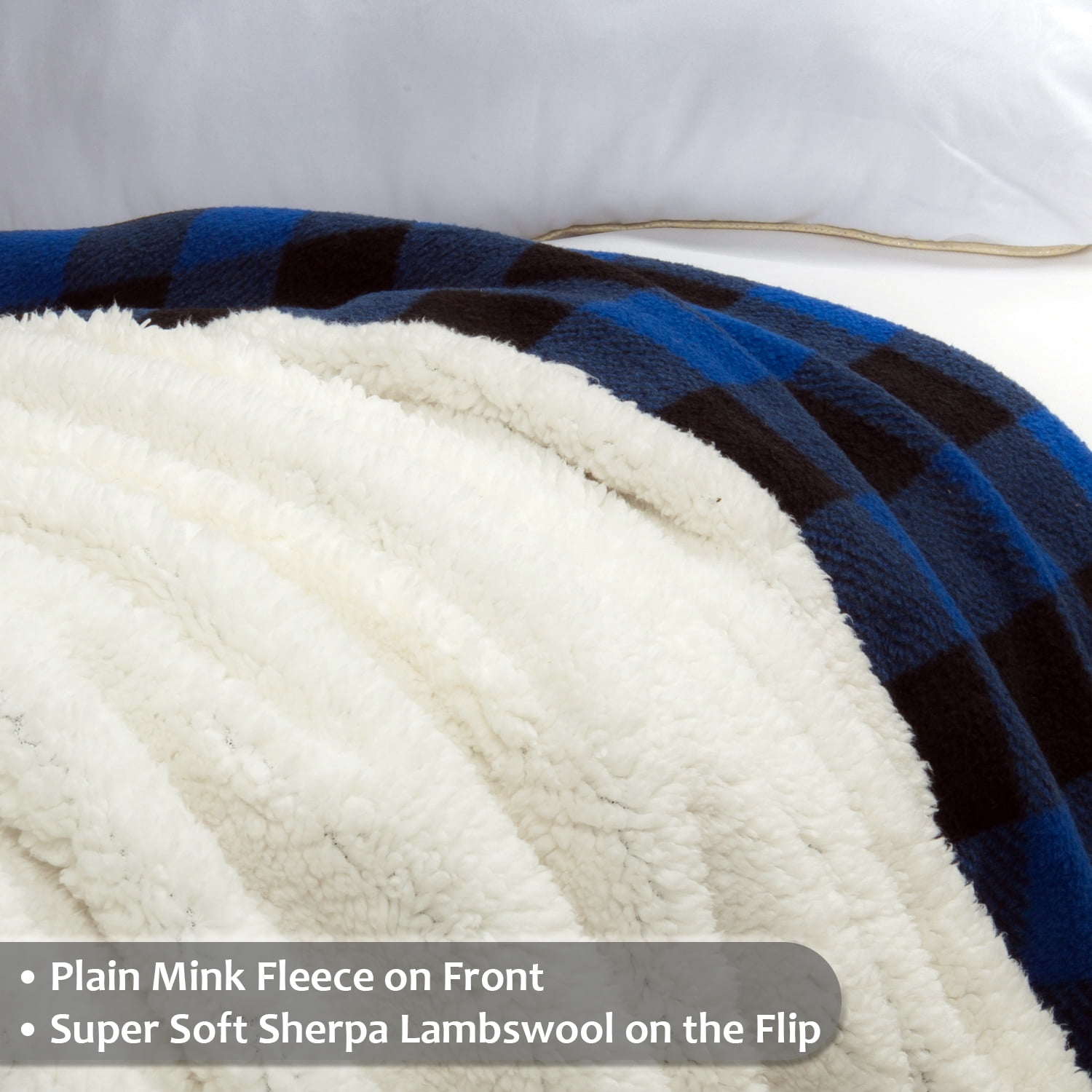 Catalonia Buffalo Plaid Sherpa Throw Blanket, Super Soft Reversible Fleece Blanket for Cabin Bed or Couch, Blue Plaid, 50"" x 60"".