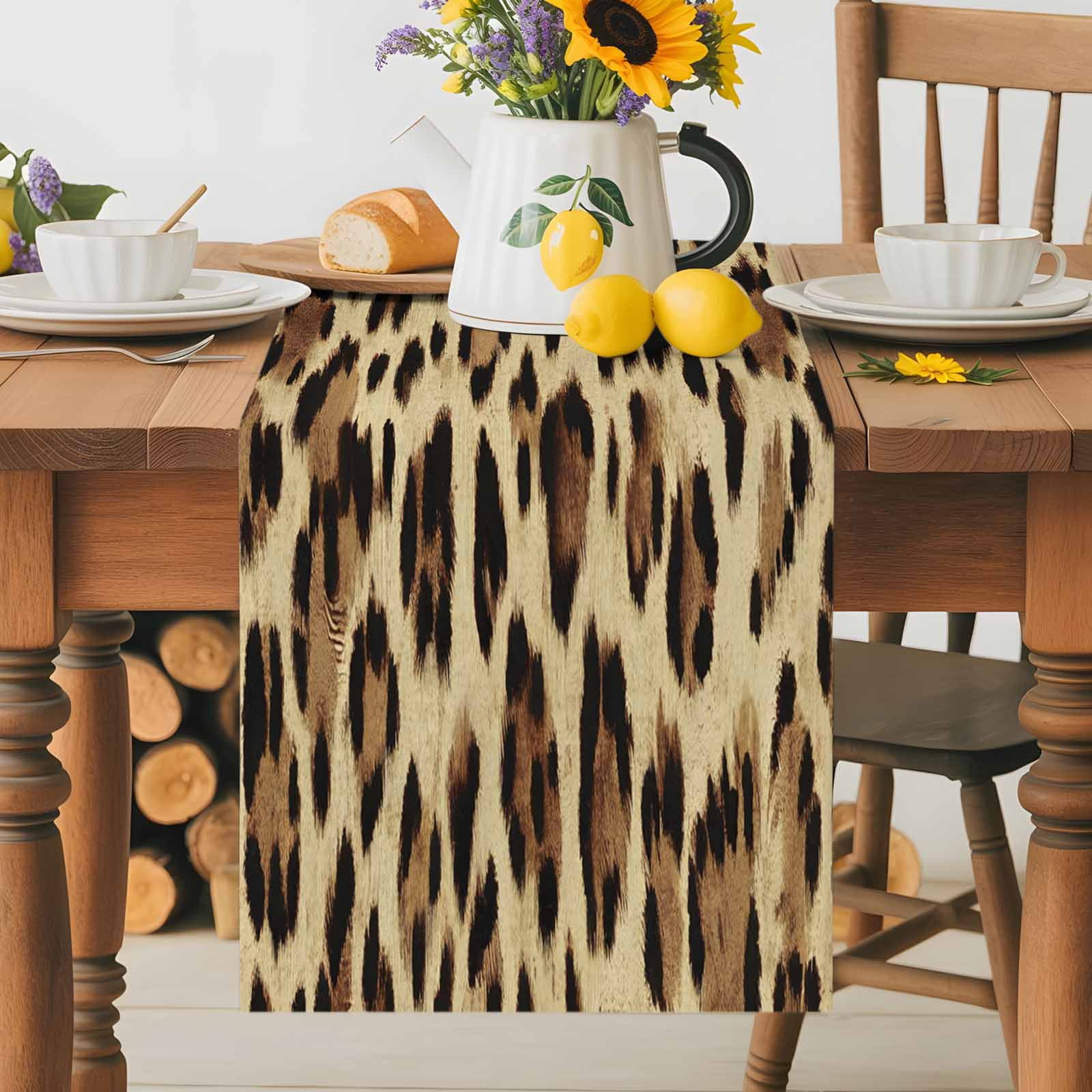 Abstract Leopard Print Table Runner 90 Inches Long, Brown Animal Spots Table Runners Tabletop Scarf Kitchen Dining Tables Decoration for Home Party Indoor Outdoor